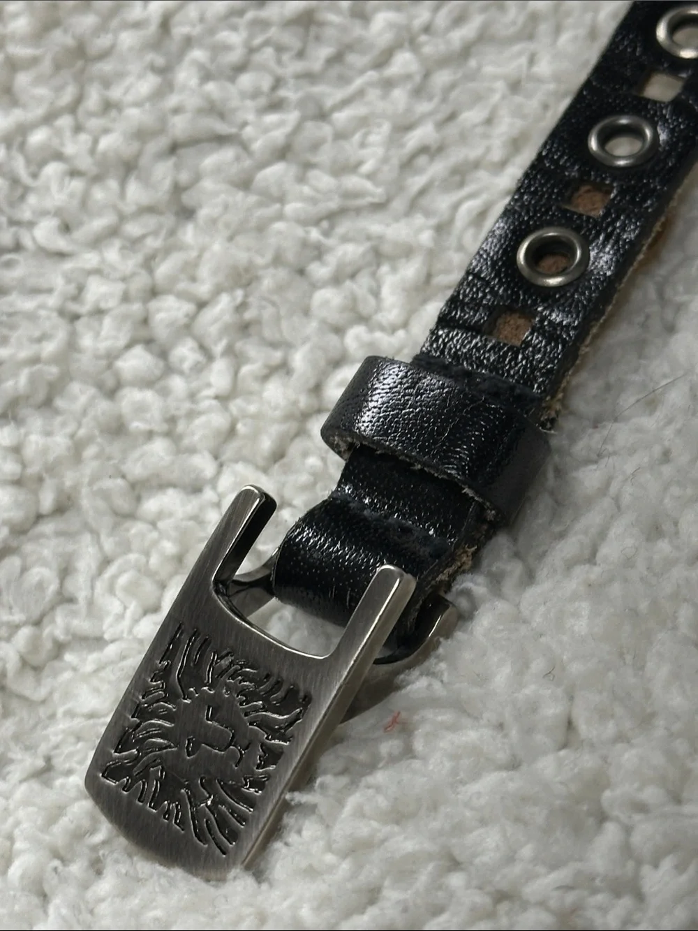 Ann Klein Skinny Black Belt, Decorative Metal Holes & cutouts Adjustable.